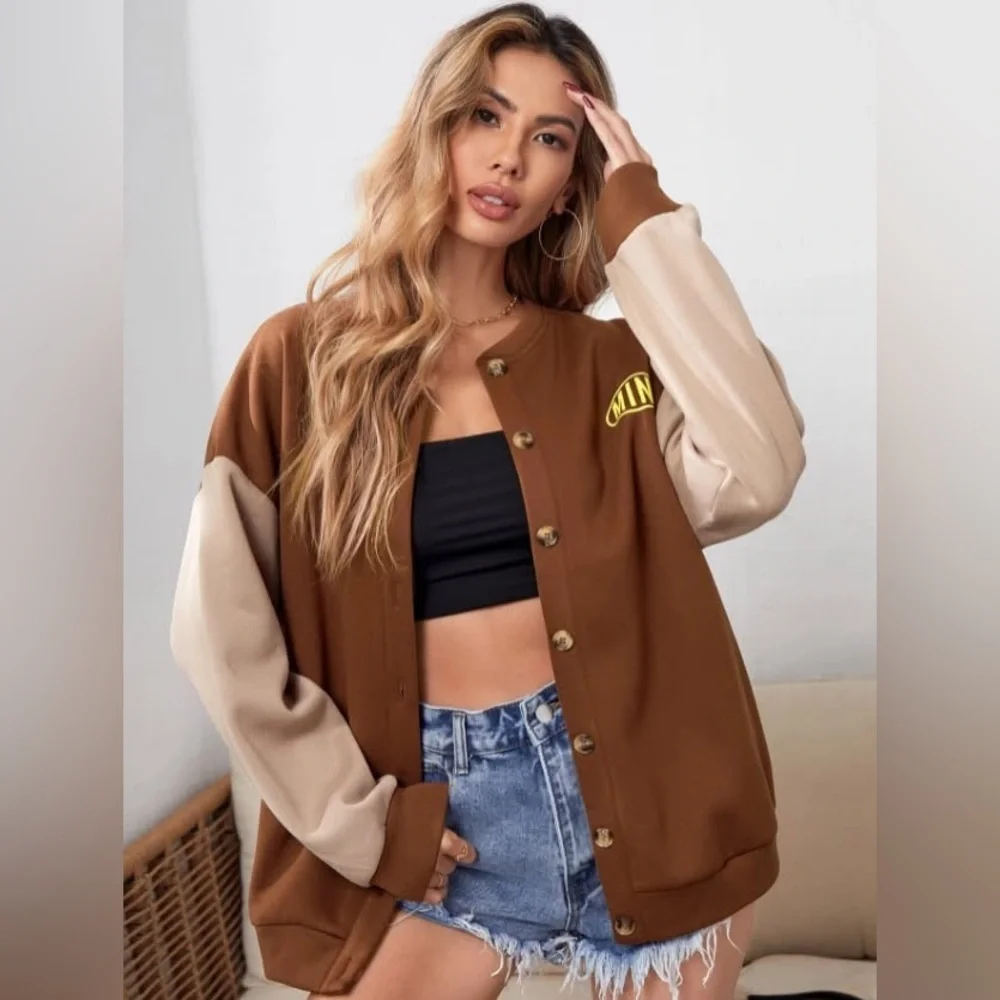 Brown & Beige Varsity Fleece Button Front Jacket - Size L